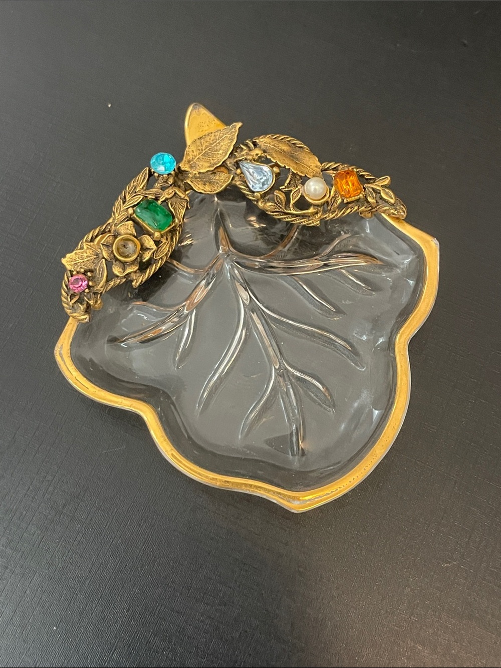 Vintage Glass Leaf Trinket Dish with Gold-Tone Jeweled Trim and Gold Rim